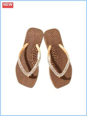 Square Toe Flip Flops Crystal Bling Beach Sandals PVC Sole